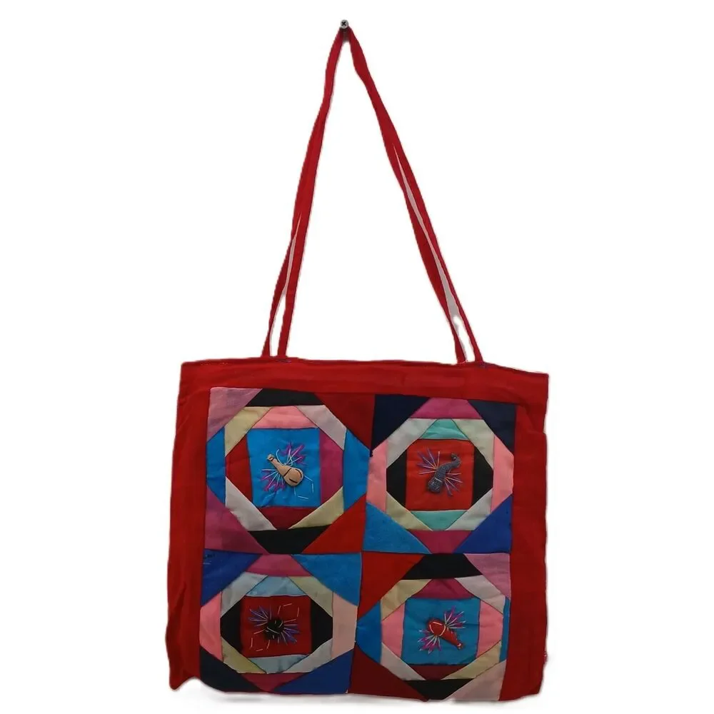 Vintage Bai Jia Bei Chinese Quilt Tote Bag Embroidered Panda Frog Folk Art Purse
